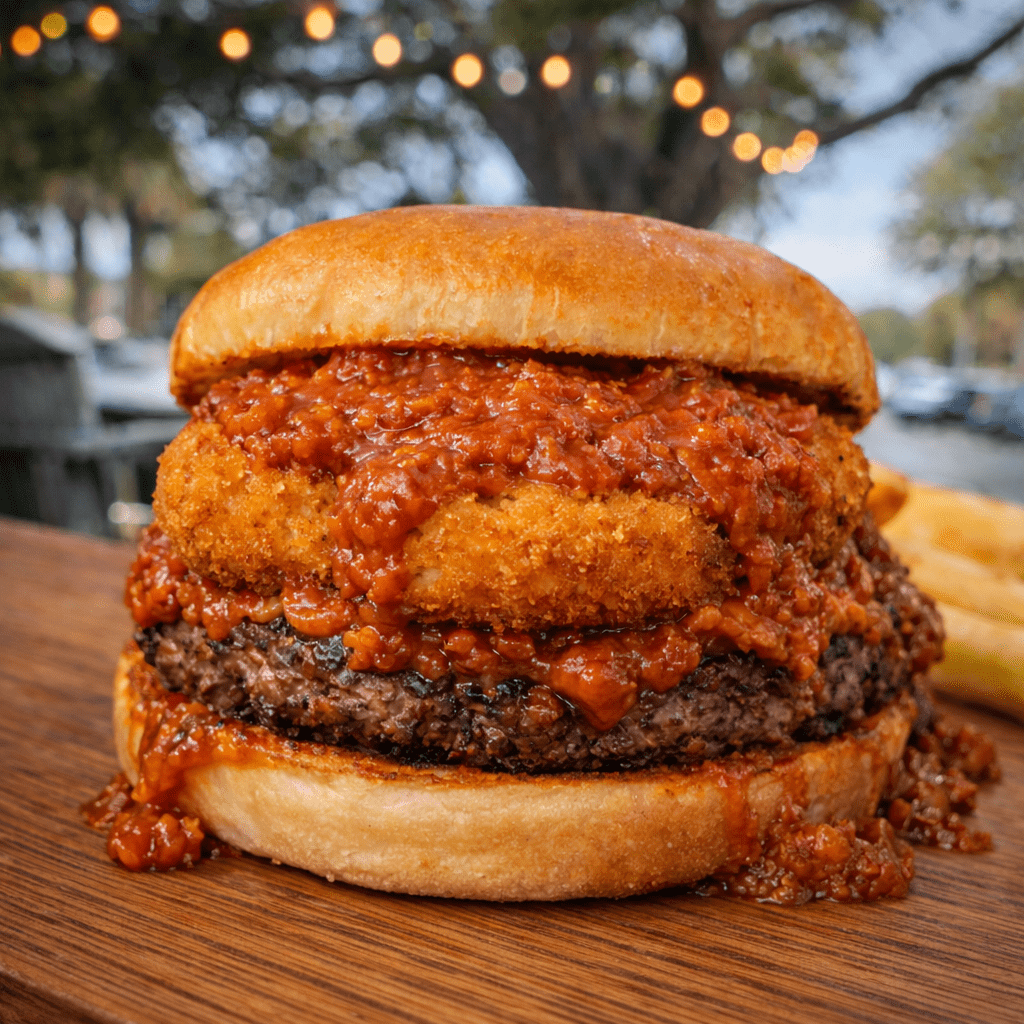Burger topped with crispy fried mozzarella and marinara sauce on a toasted brioche bun.