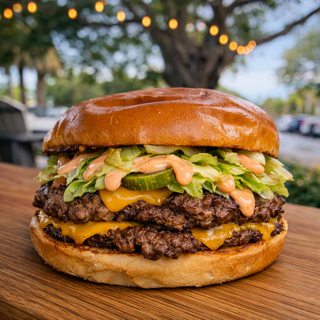 Double smash burger with melted cheese, lettuce, pickles, and smash sauce on a toasted brioche bun.