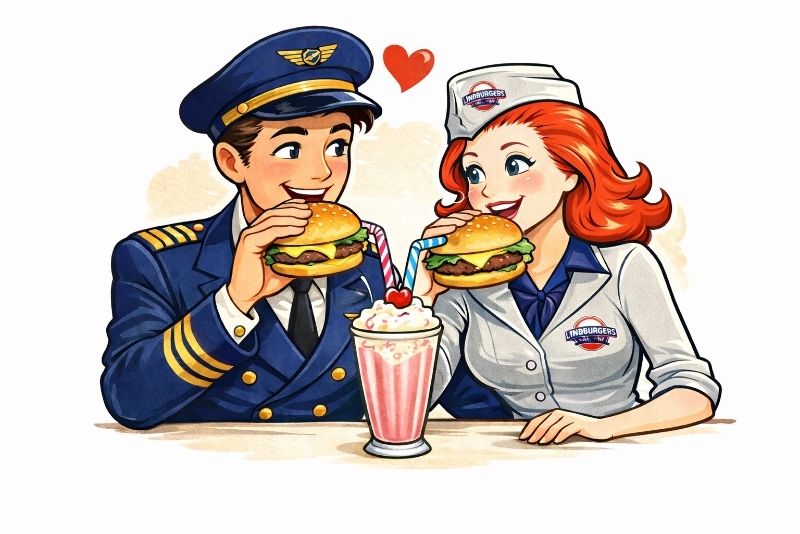 Lindy and pilot eating burgers and a shake